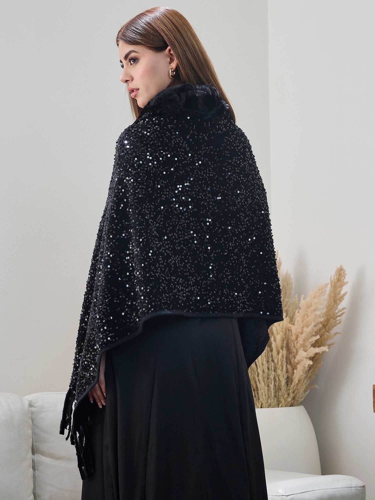 Black Sequence Fur Poncho