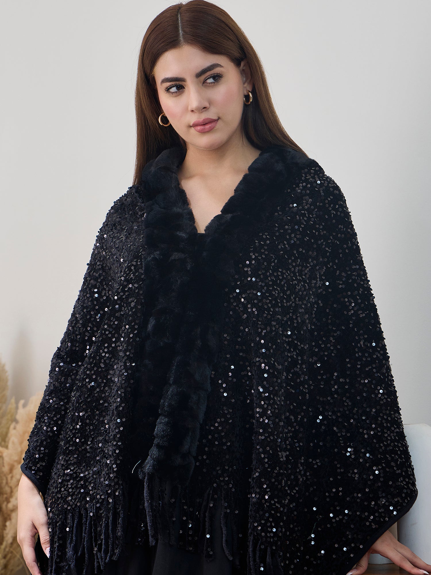 Black Sequence Fur Poncho
