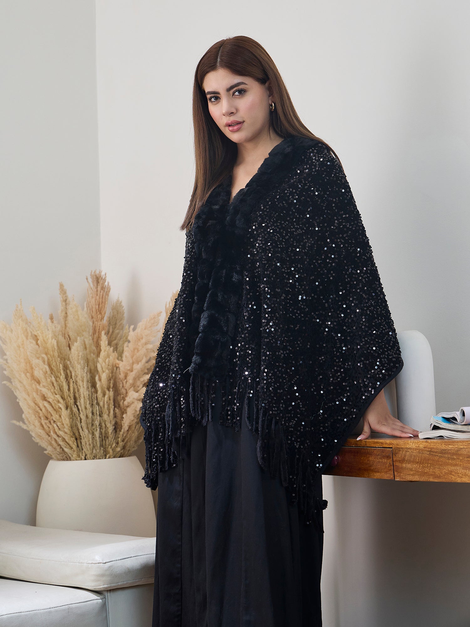 Black Sequence Fur Poncho
