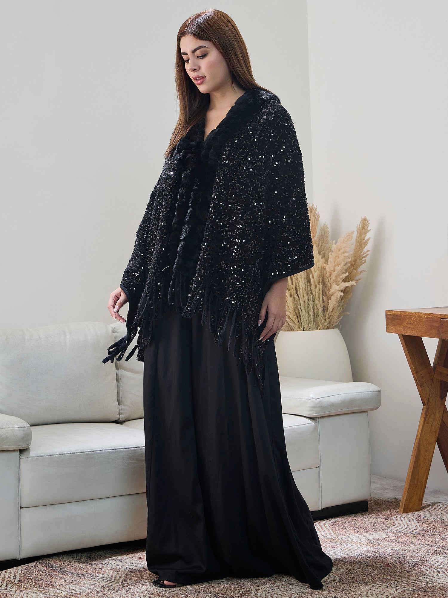 Black Sequence Fur Poncho