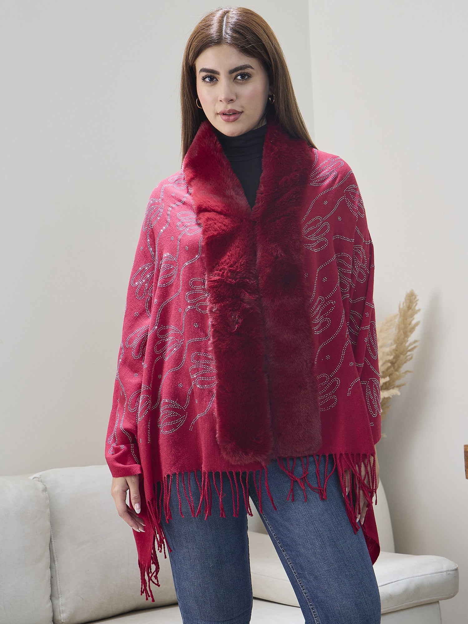 Red Shimmer Fur Poncho