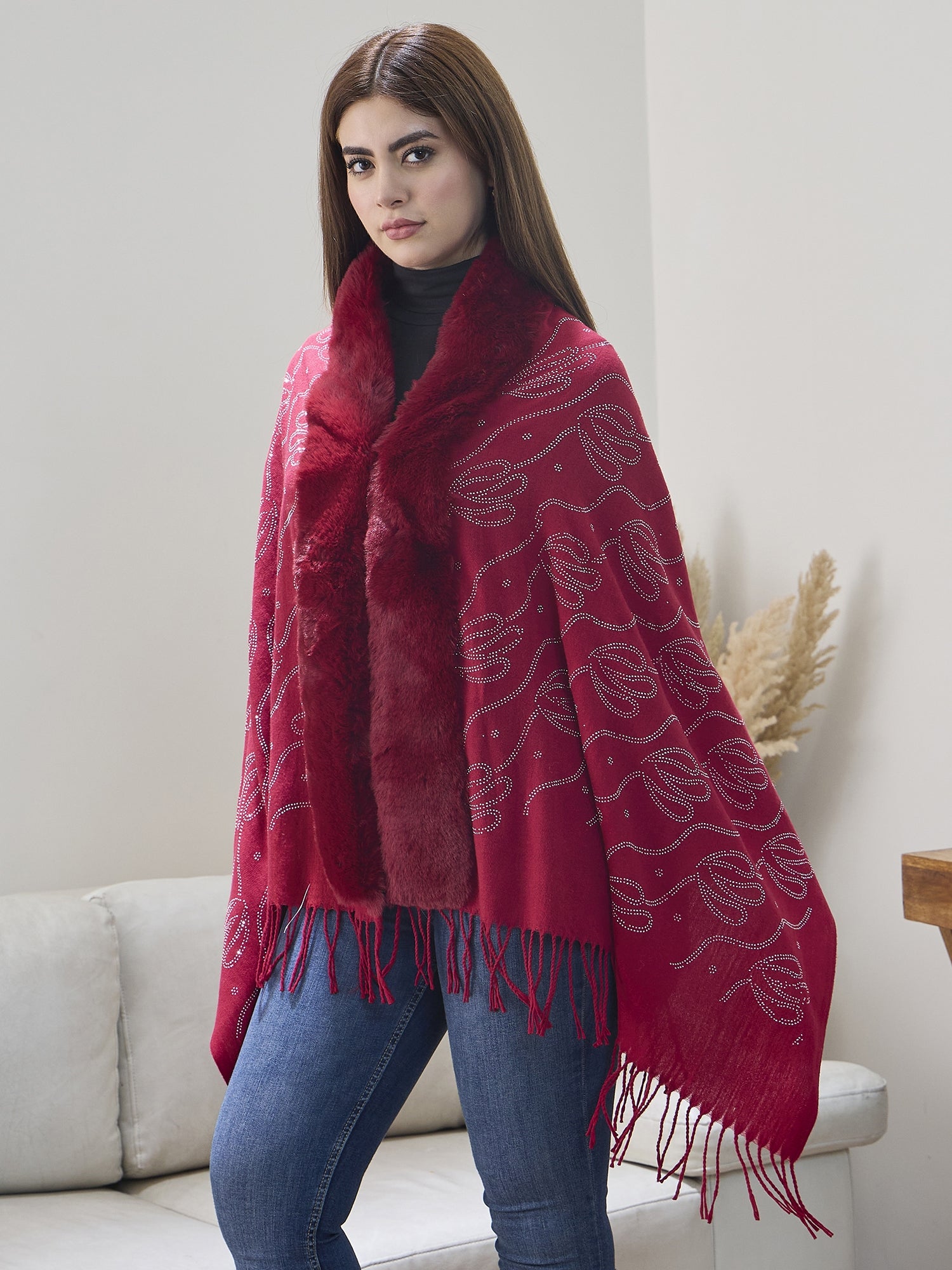 Red Shimmer Fur Poncho