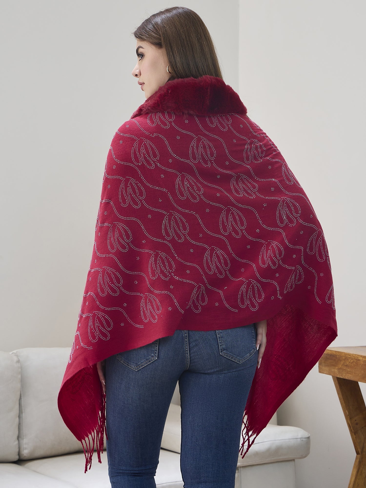 Red Shimmer Fur Poncho