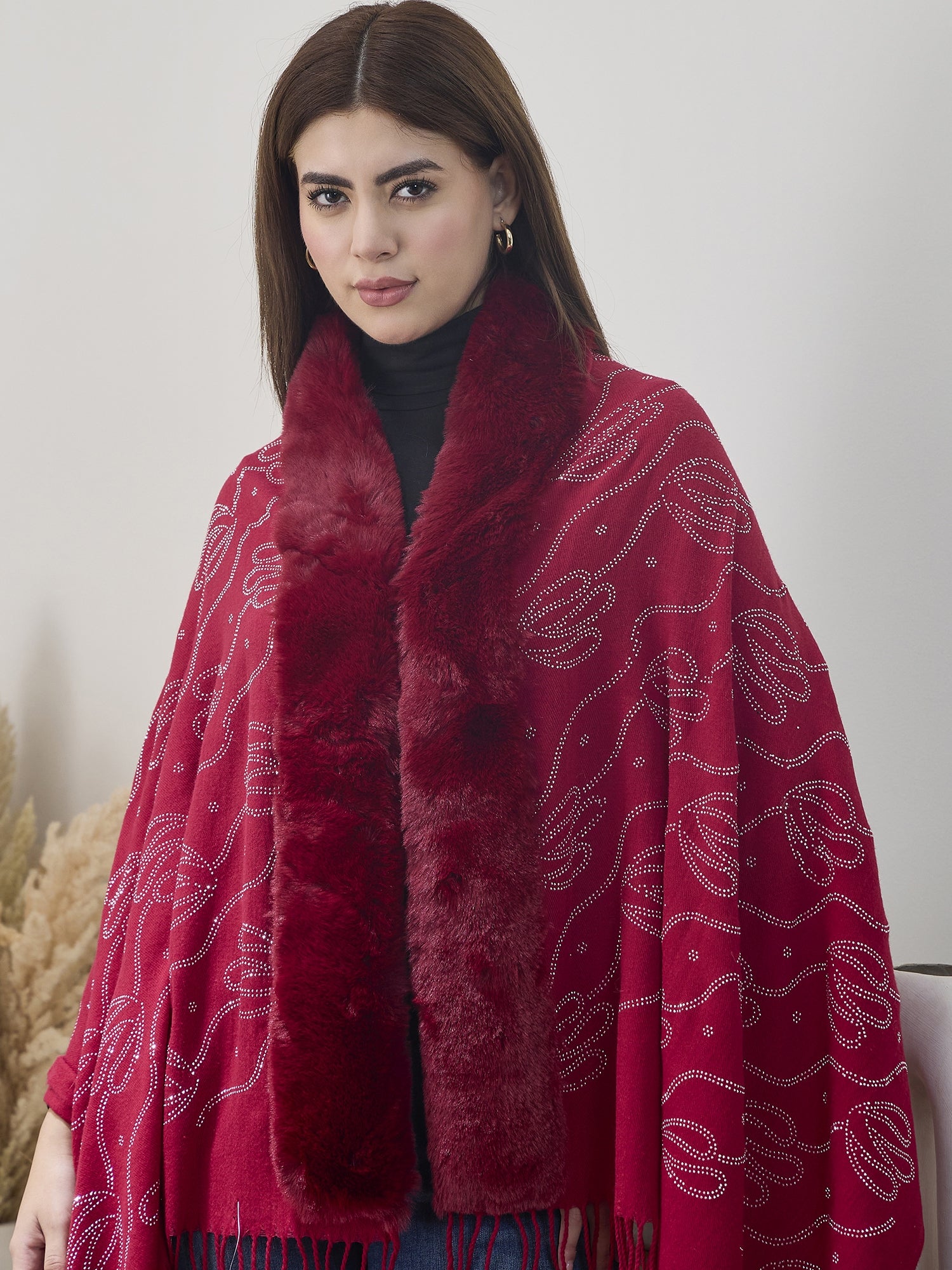 Red Shimmer Fur Poncho