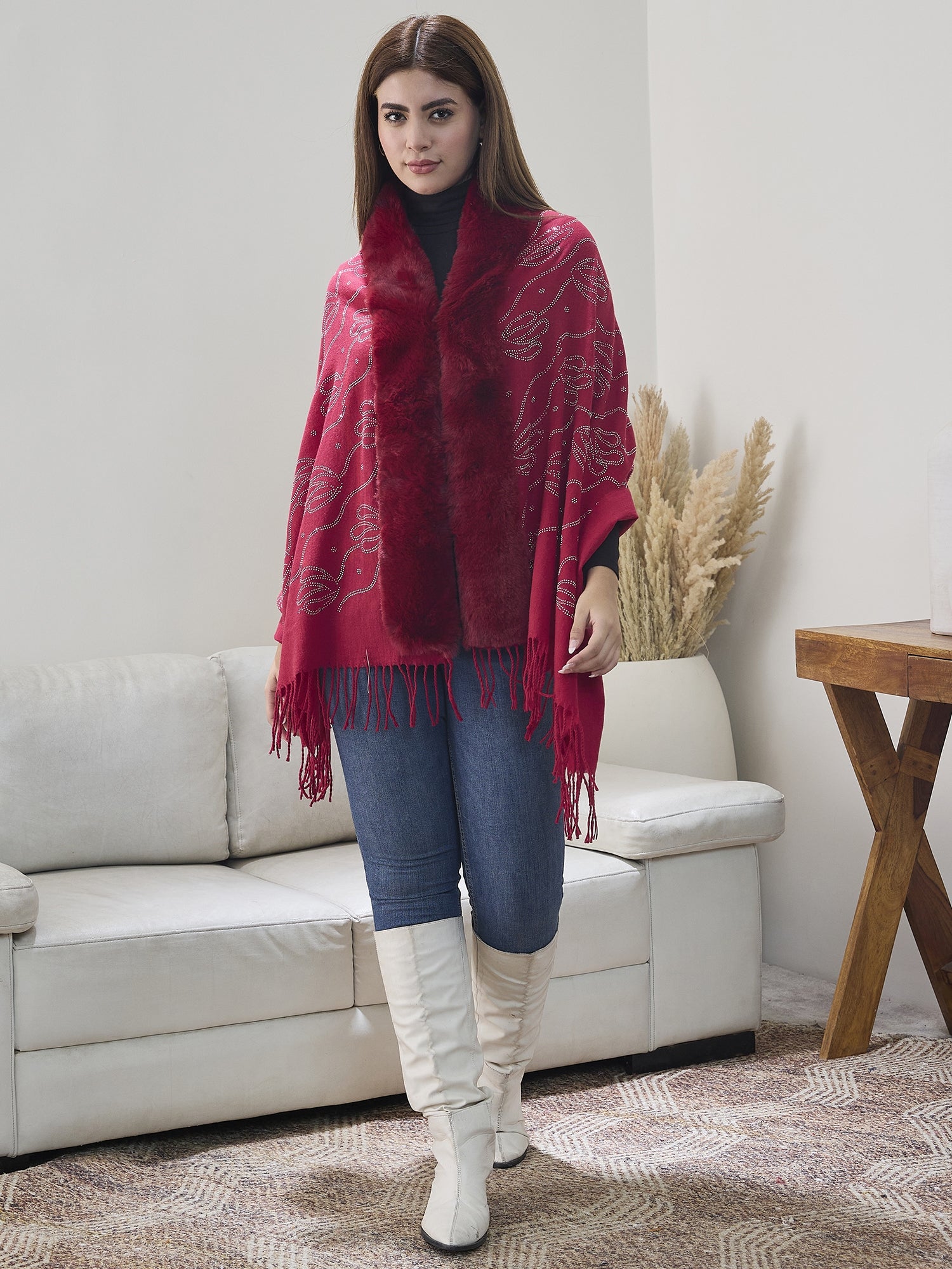 Red Shimmer Fur Poncho