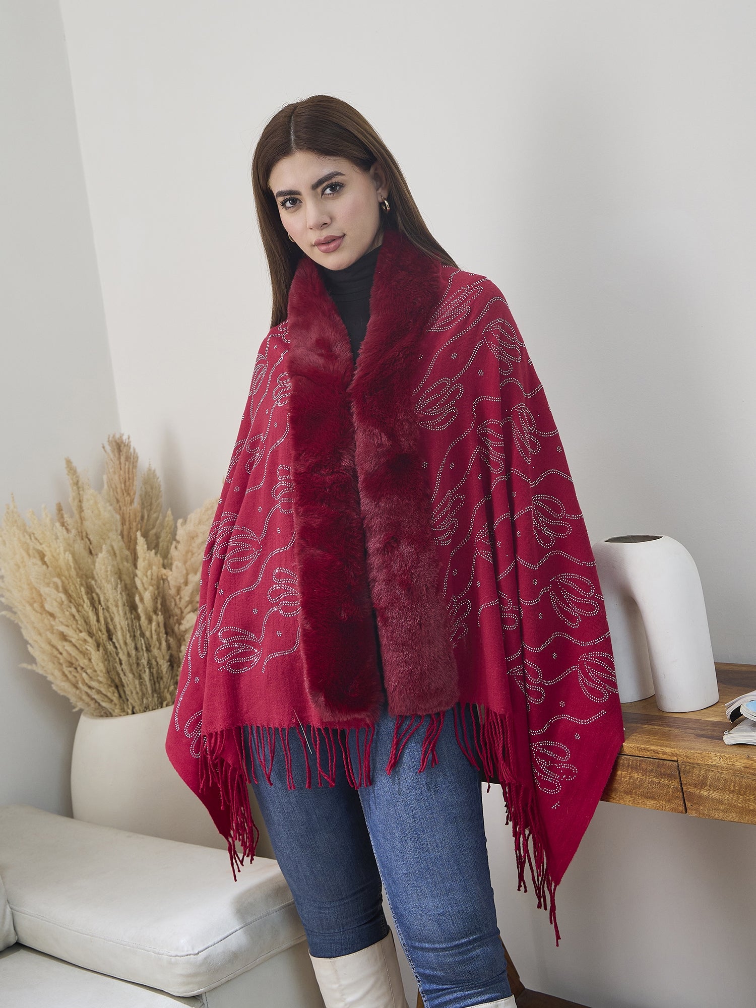 Red Shimmer Fur Poncho