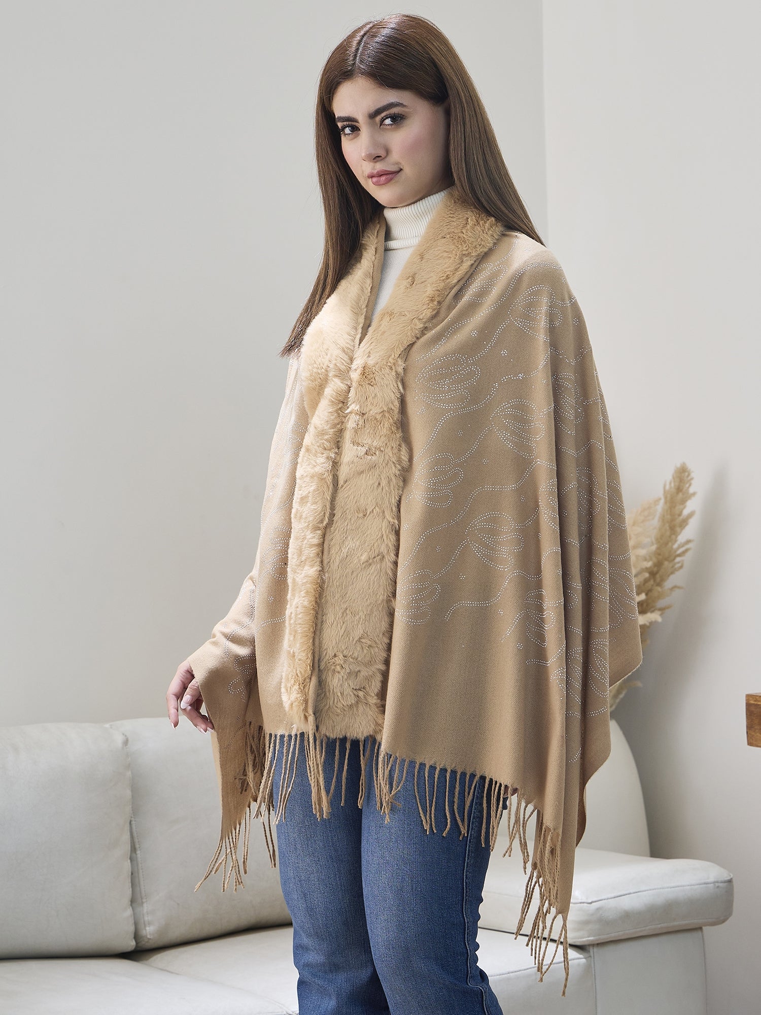 Beige Shimmer Fur Poncho