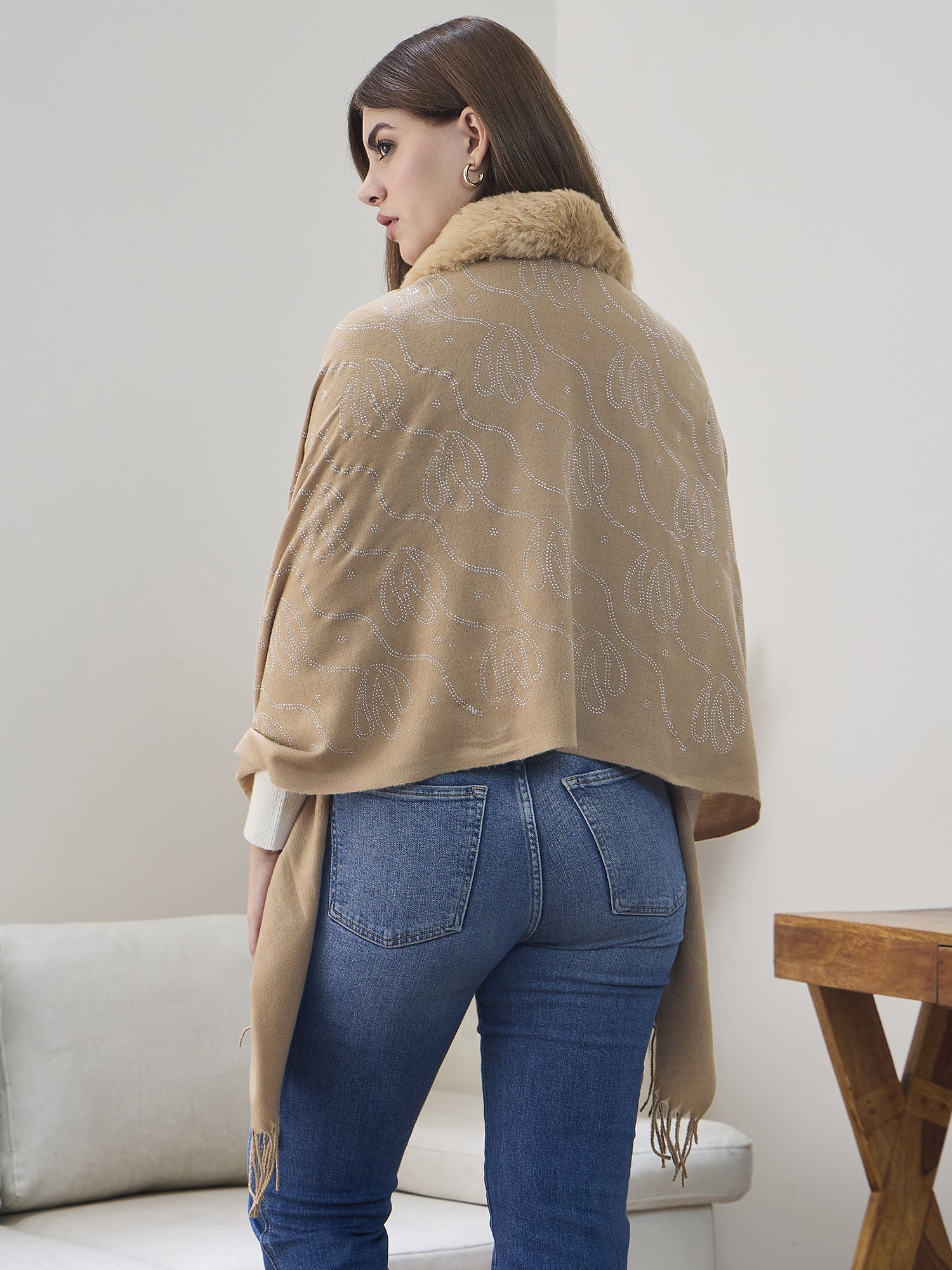 Beige Shimmer Fur Poncho