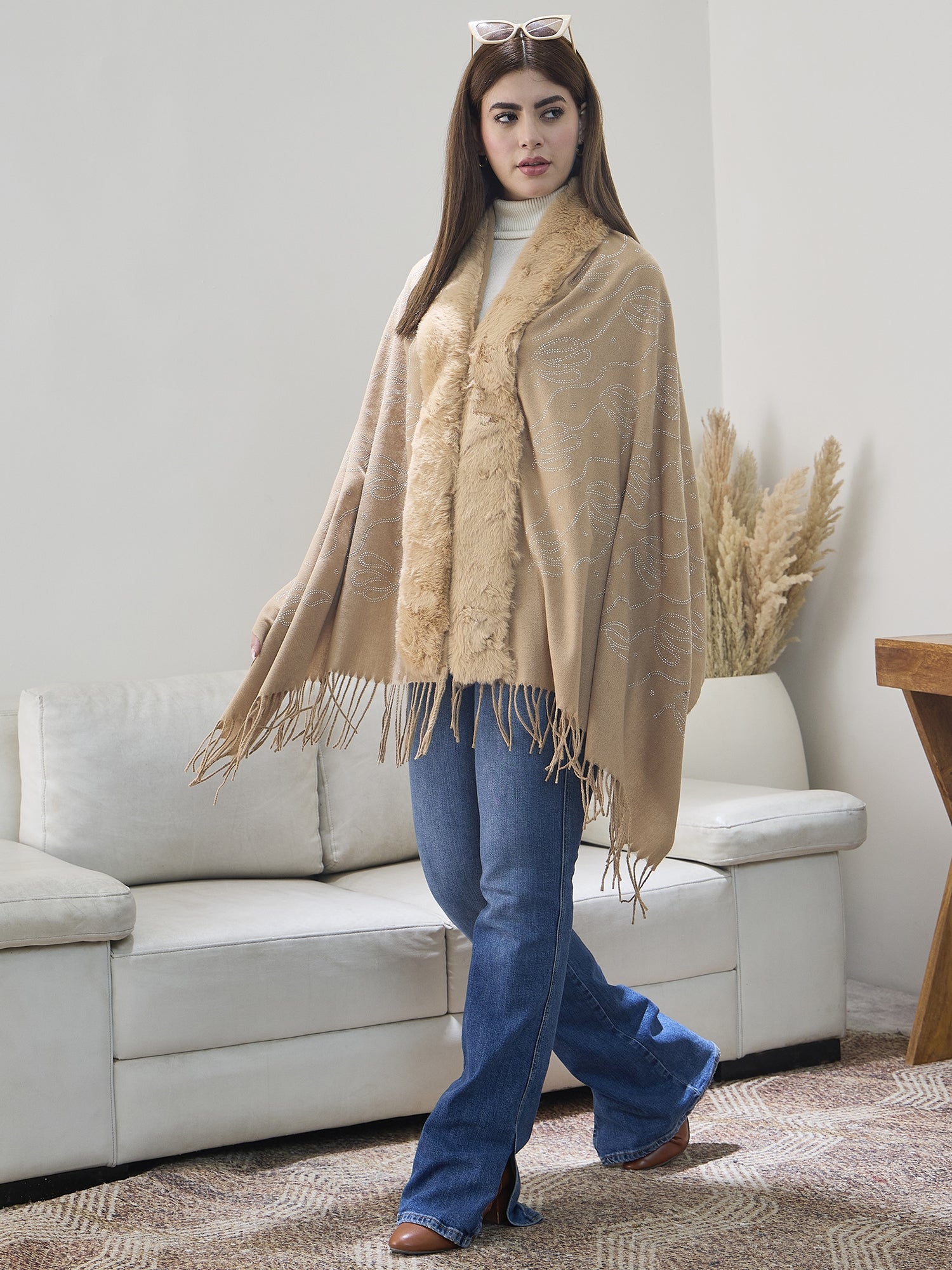 Beige Shimmer Fur Poncho