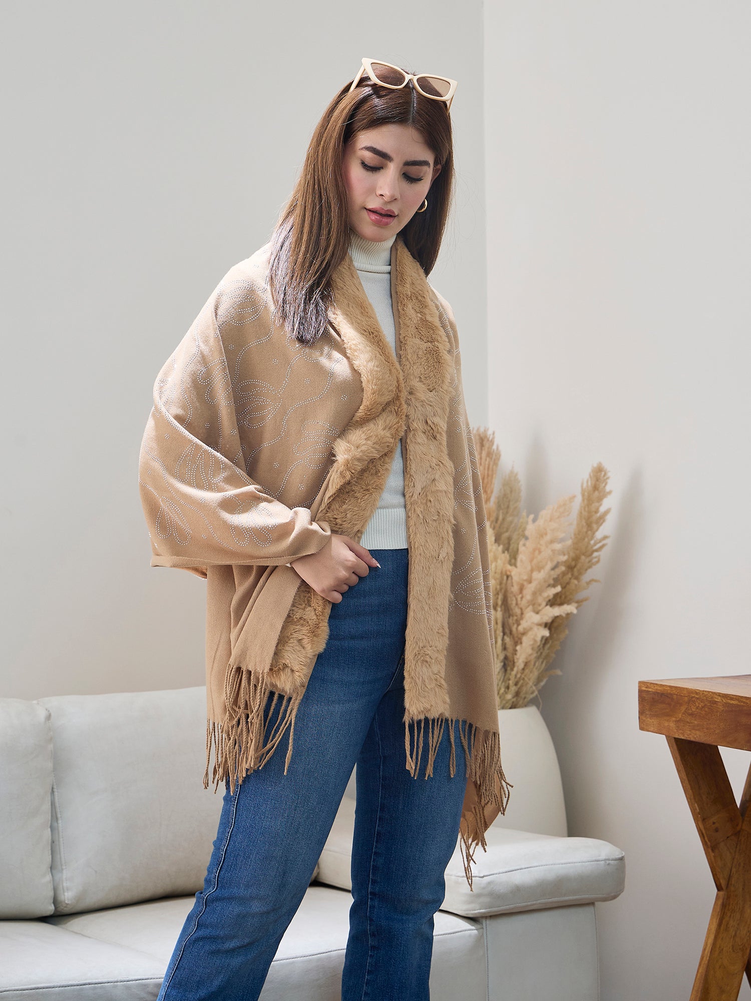 Beige Shimmer Fur Poncho