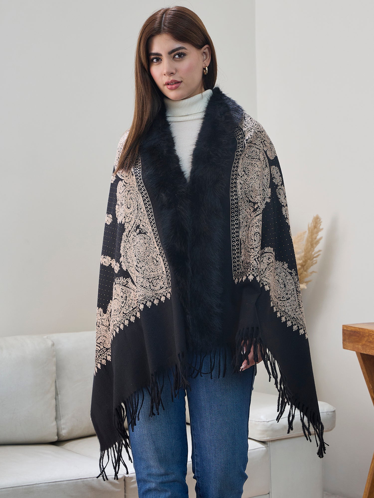 Black Beige Aari Work Poncho