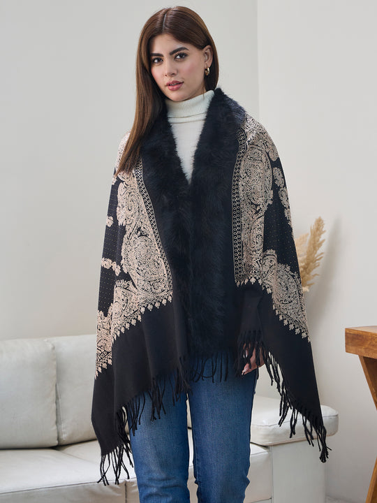 Black Beige Aari Work Poncho