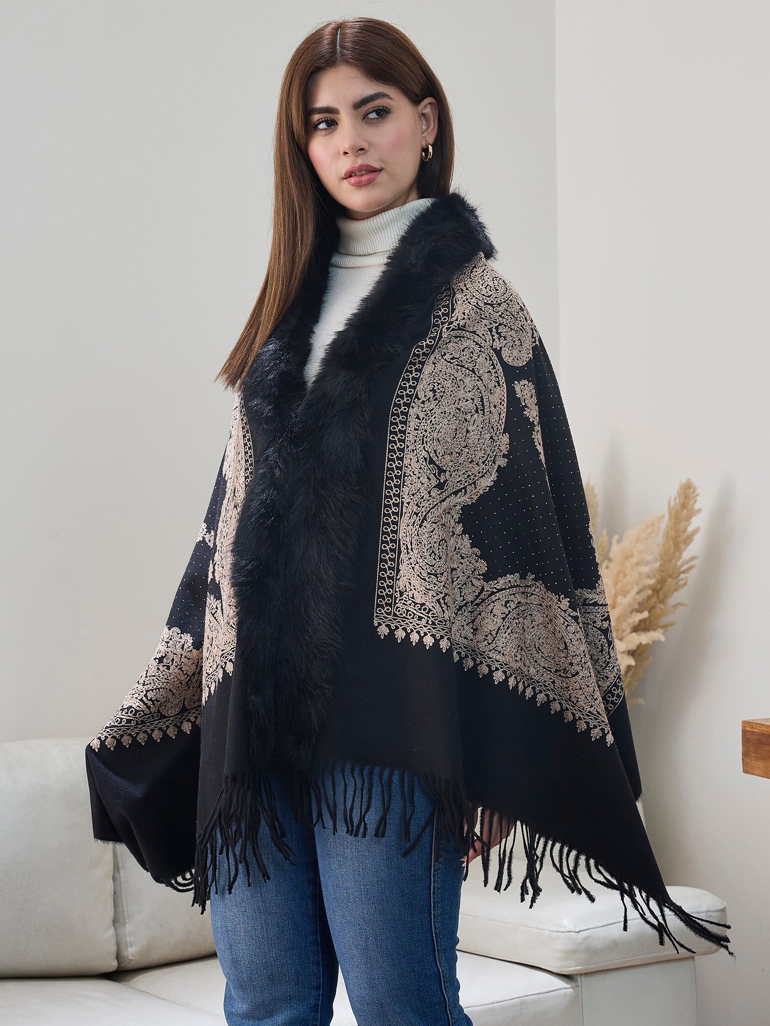 Black Beige Aari Work Poncho