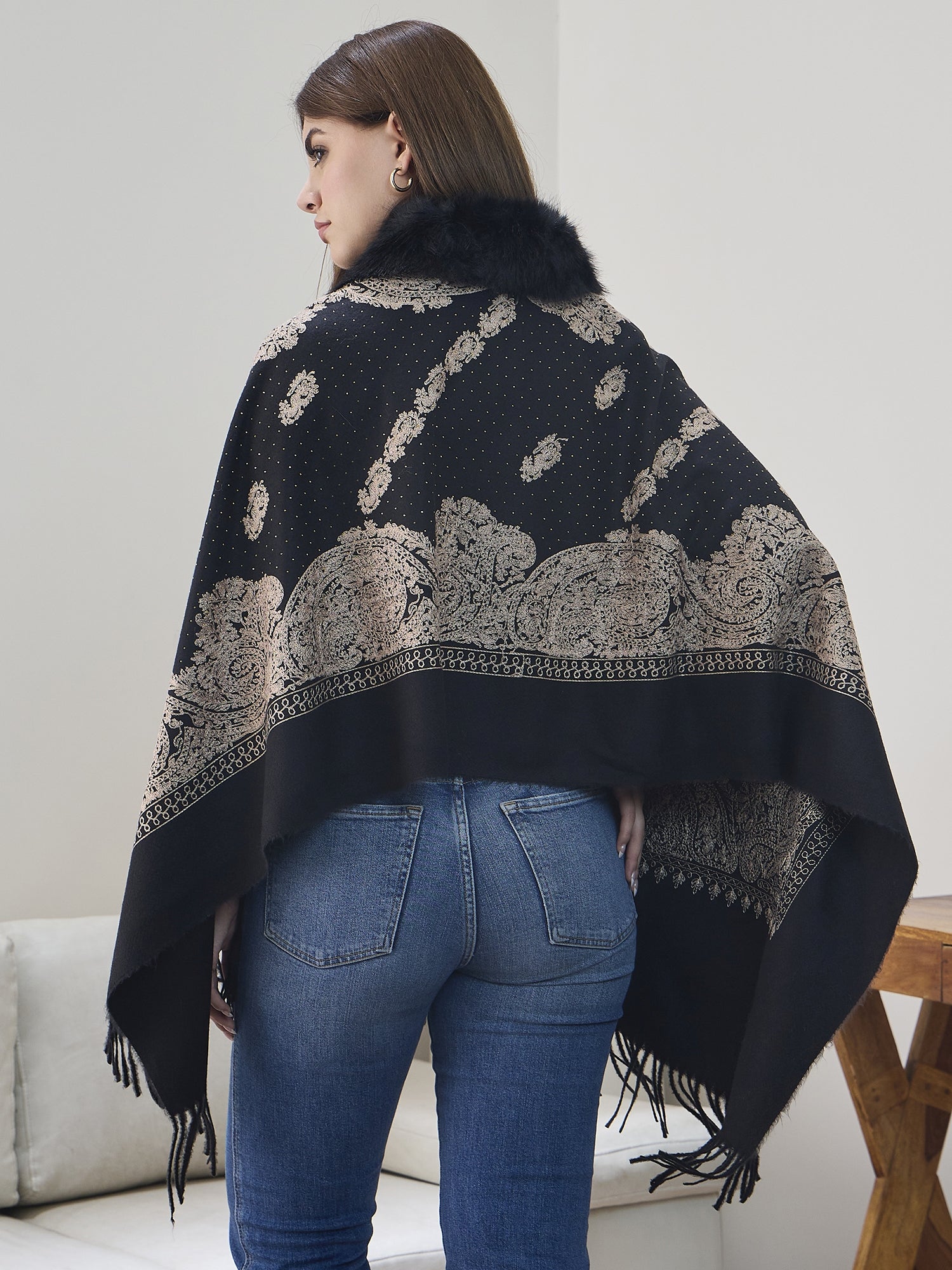 Black Beige Aari Work Poncho