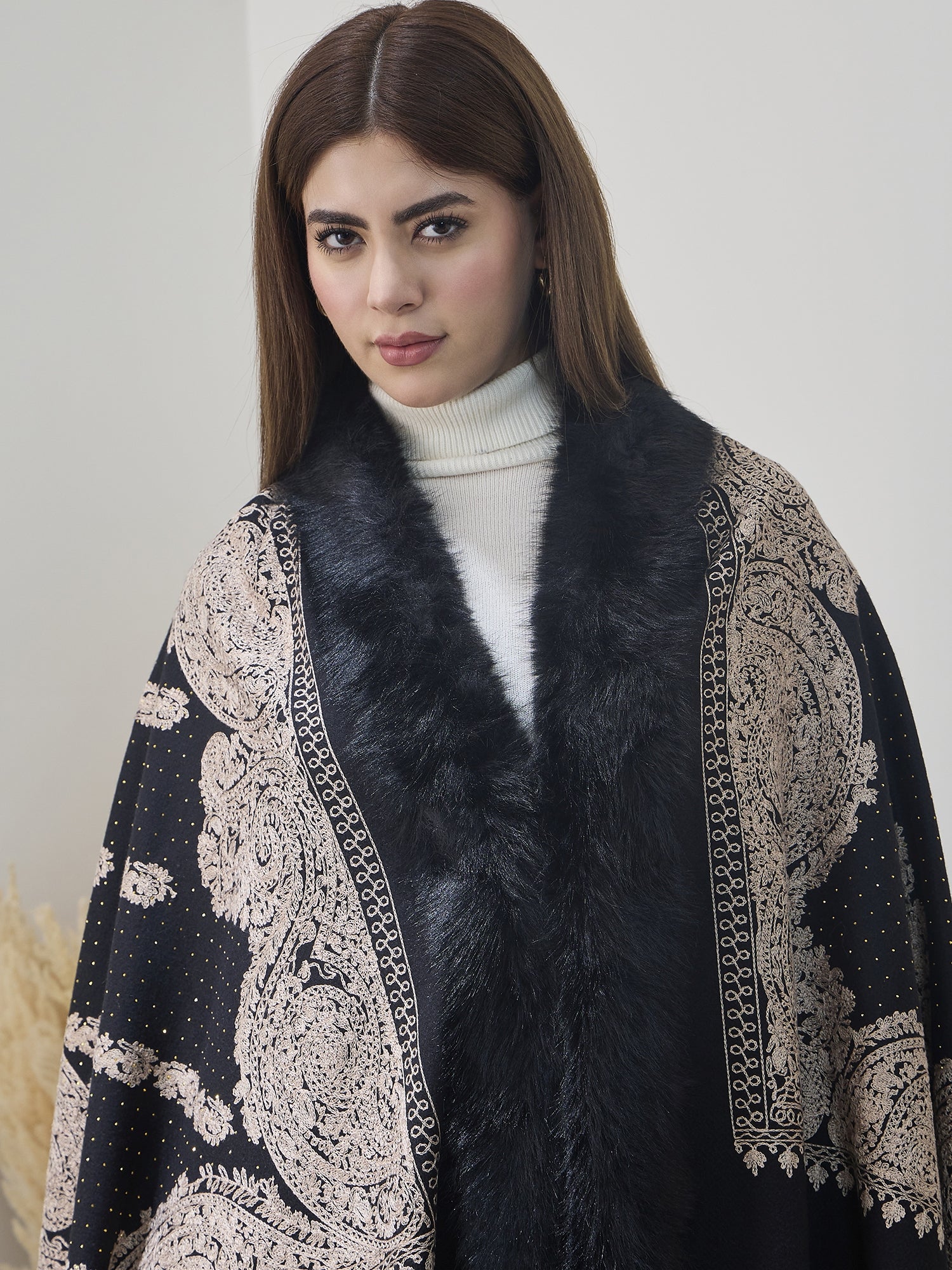 Black Beige Aari Work Poncho