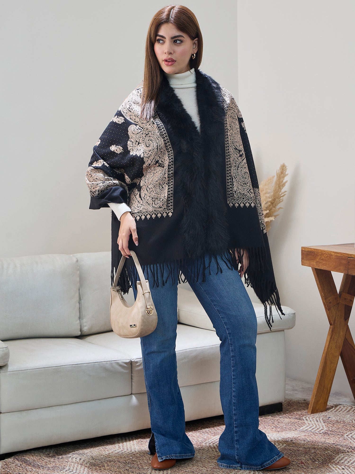 Black Beige Aari Work Poncho