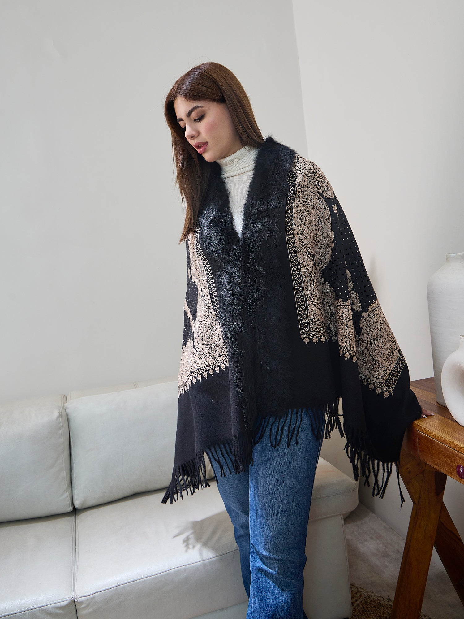 Black Beige Aari Work Poncho