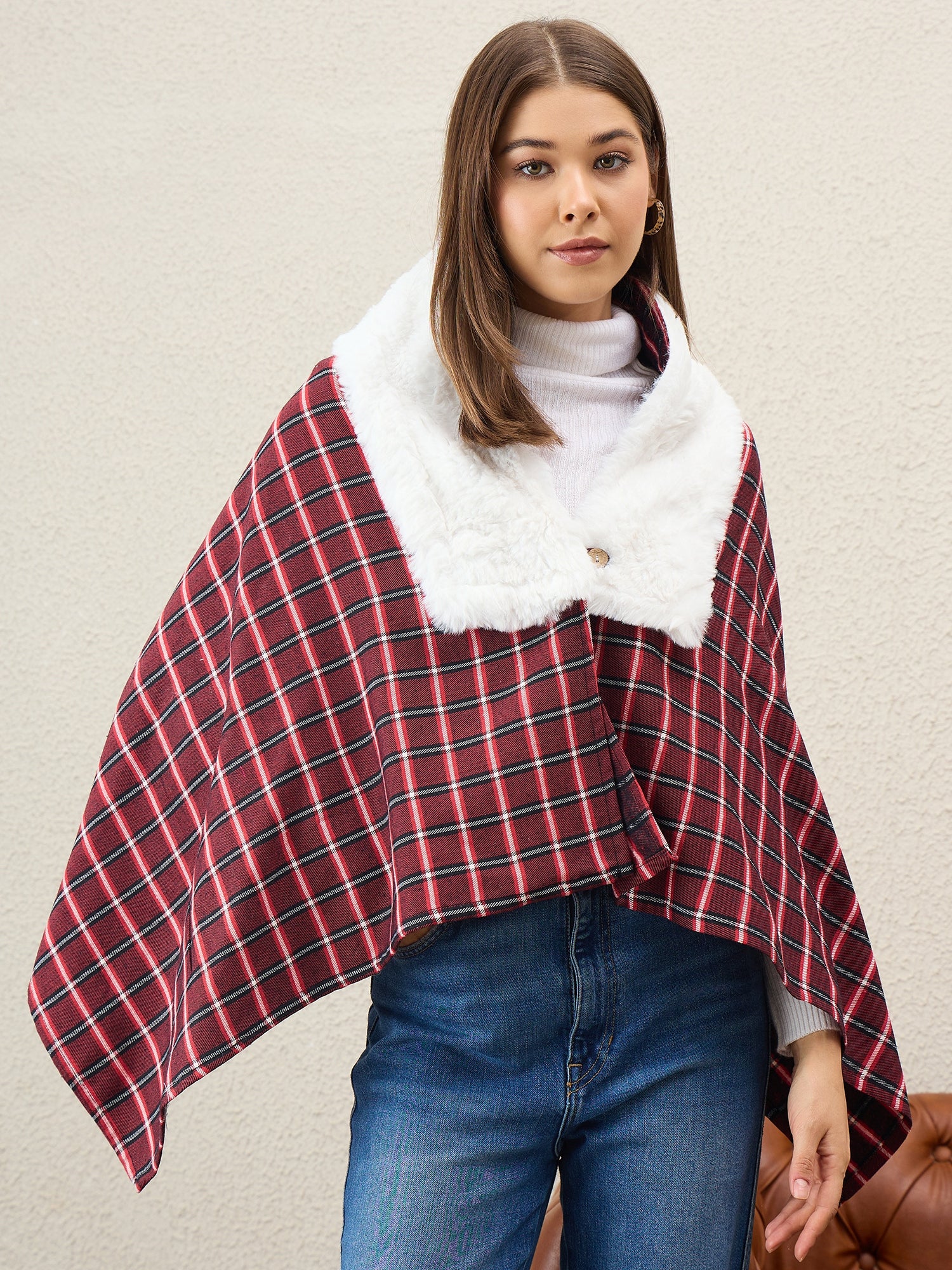 Maroon Black Big Check White Fur Poncho