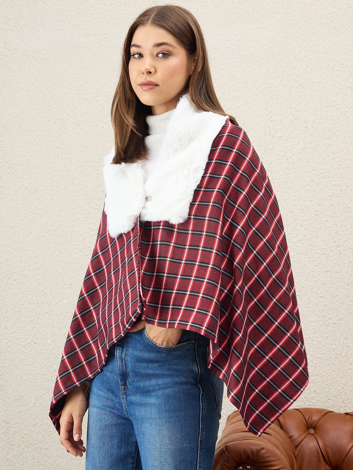 Maroon Black Big Check White Fur Poncho