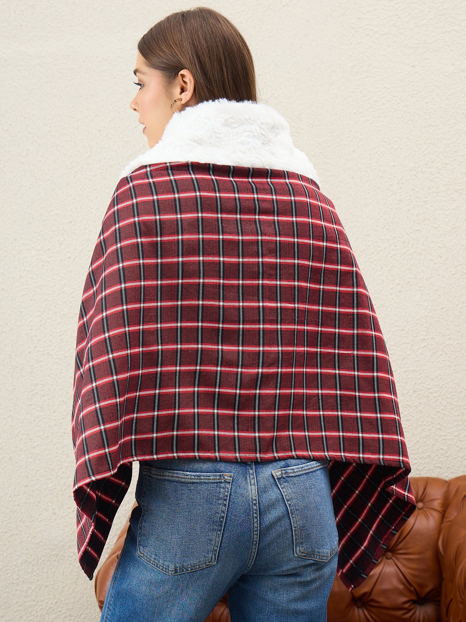 Maroon Black Big Check White Fur Poncho