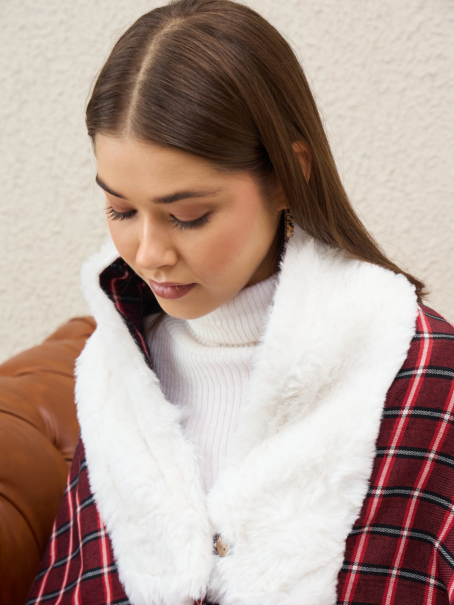 Maroon Black Big Check White Fur Poncho