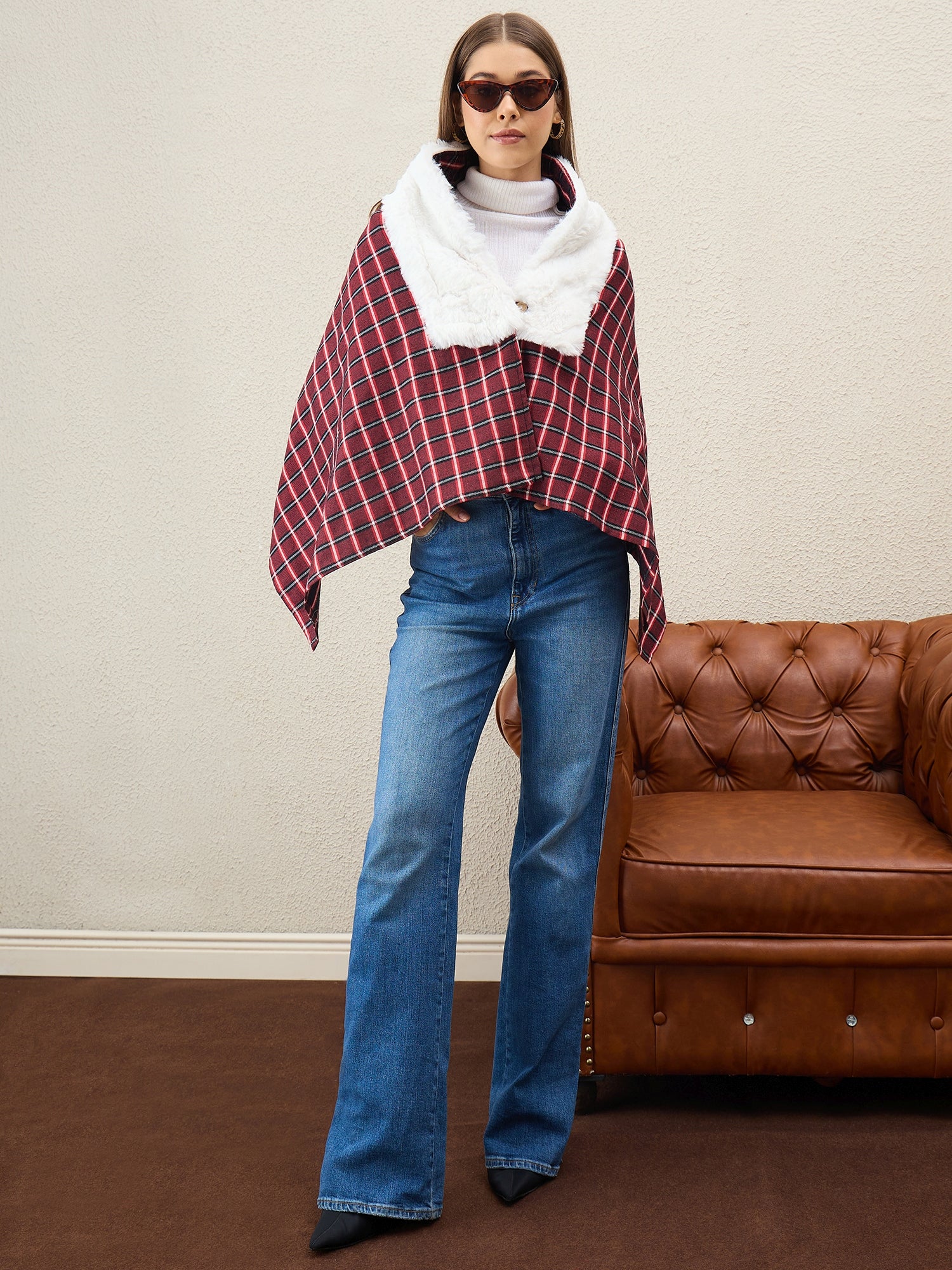 Maroon Black Big Check White Fur Poncho