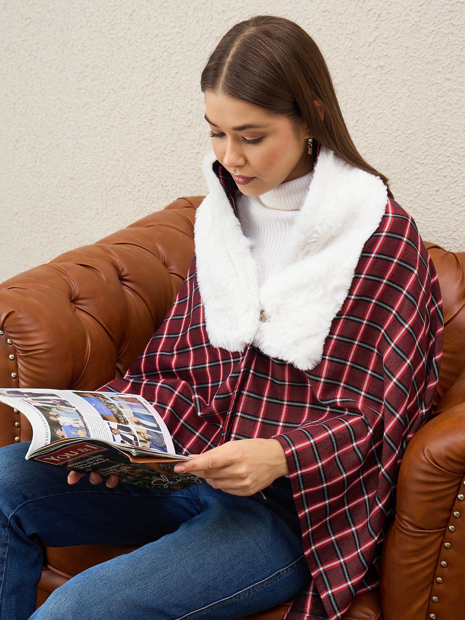 Maroon Black Big Check White Fur Poncho