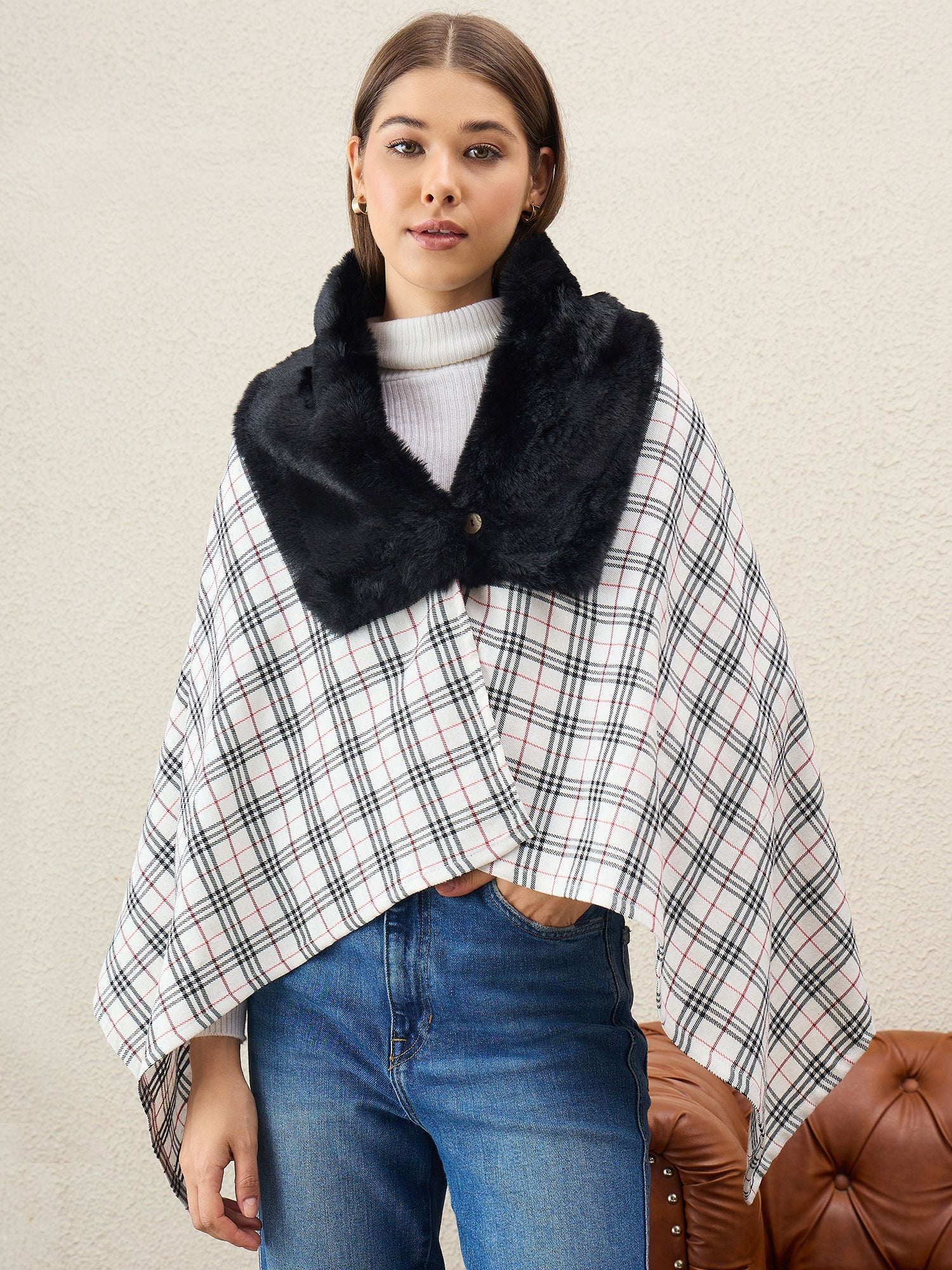 White Black Plaids Black Fur Poncho