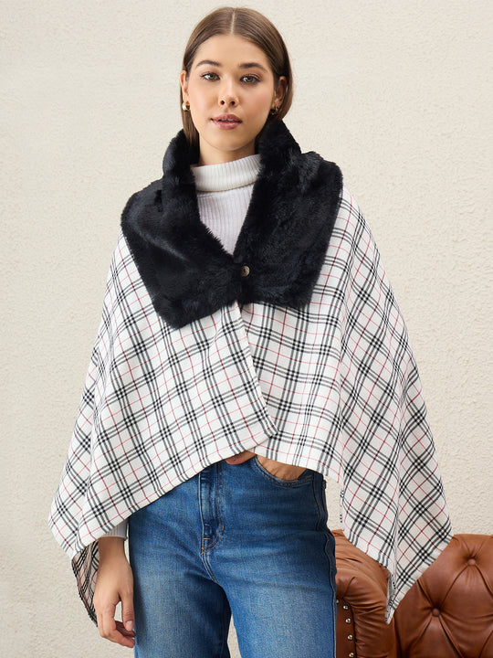 White Black Plaids Black Fur Poncho