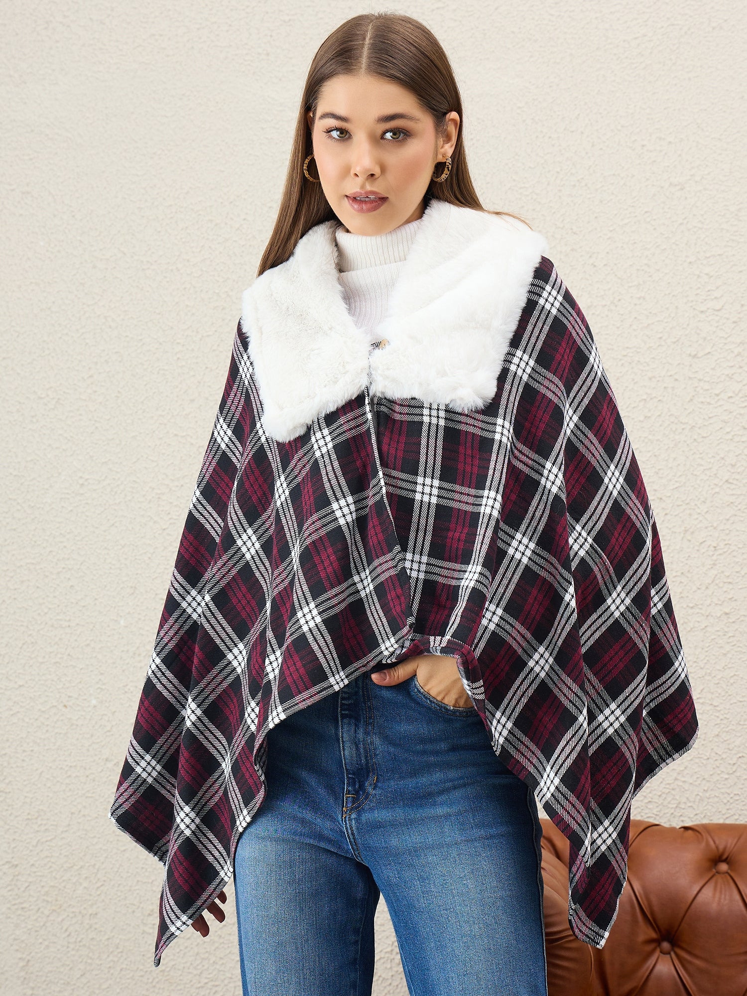 Wine White Plaids White Fur Poncho