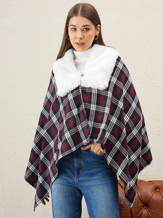 Wine White Plaids White Fur Poncho