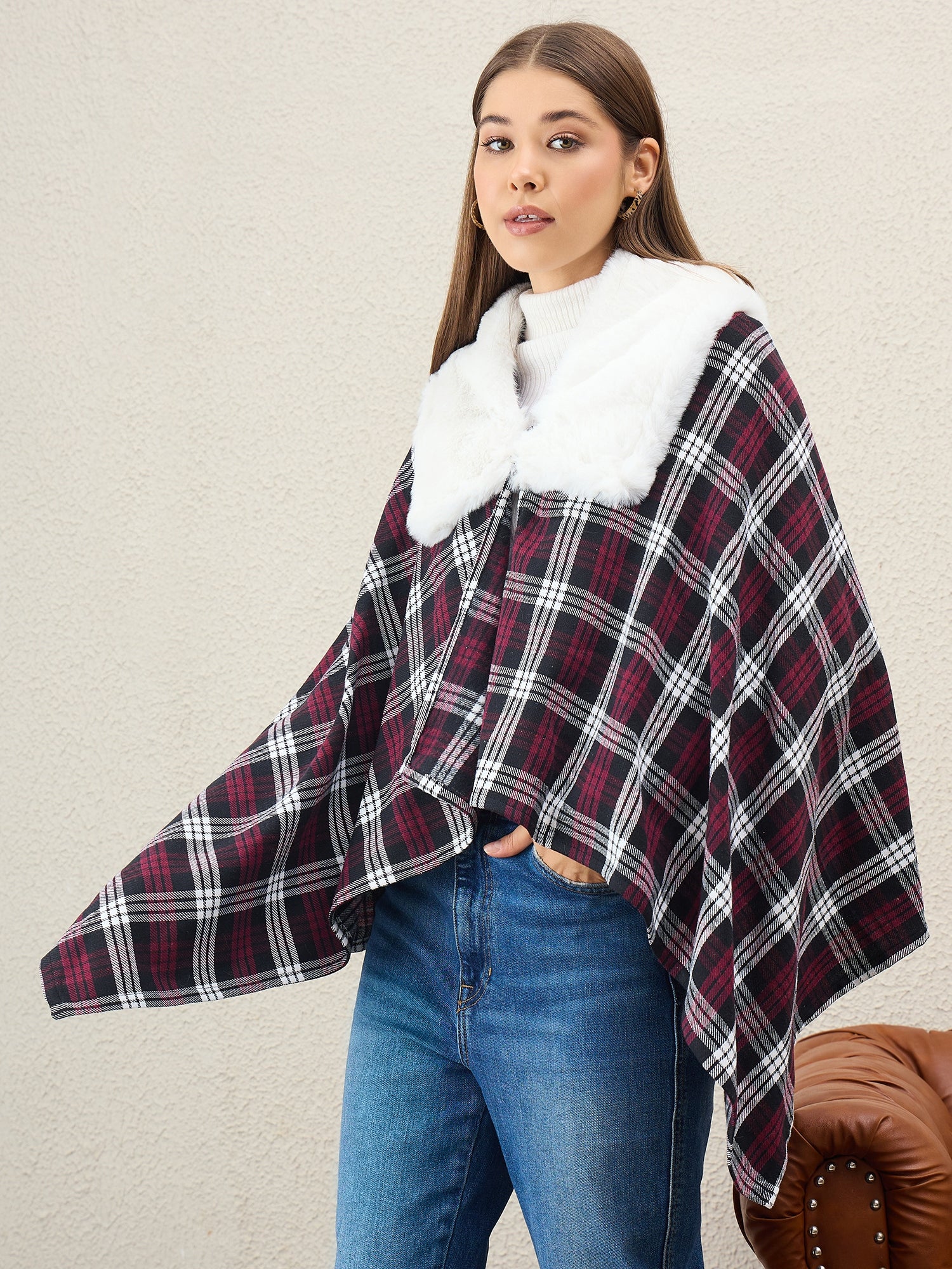 Wine White Plaids White Fur Poncho