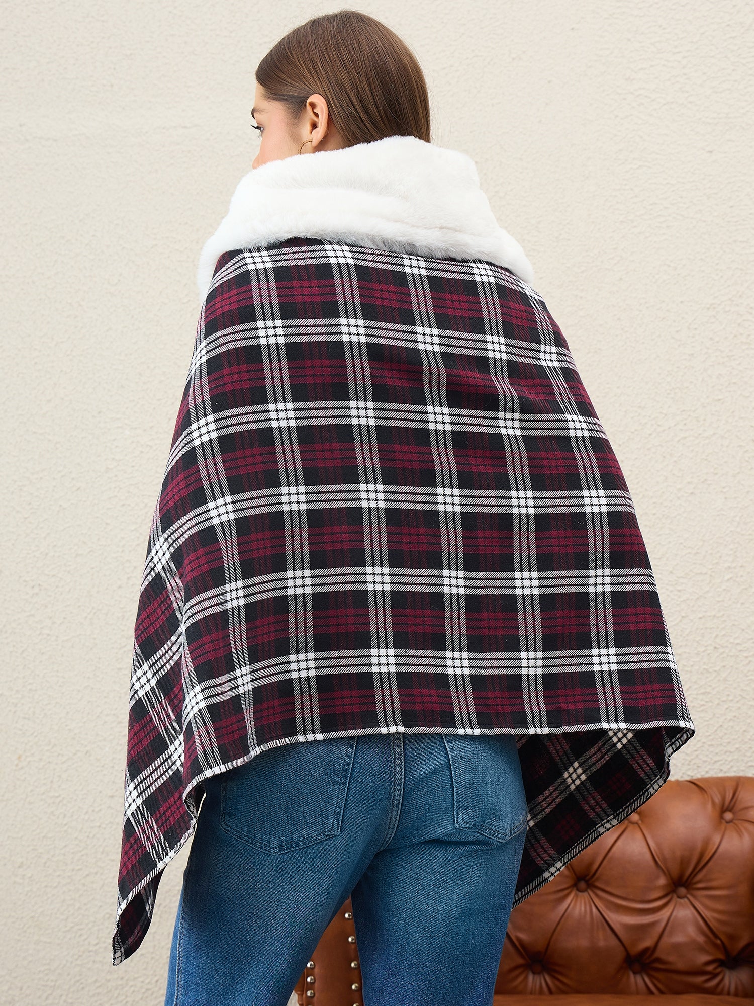 Wine White Plaids White Fur Poncho