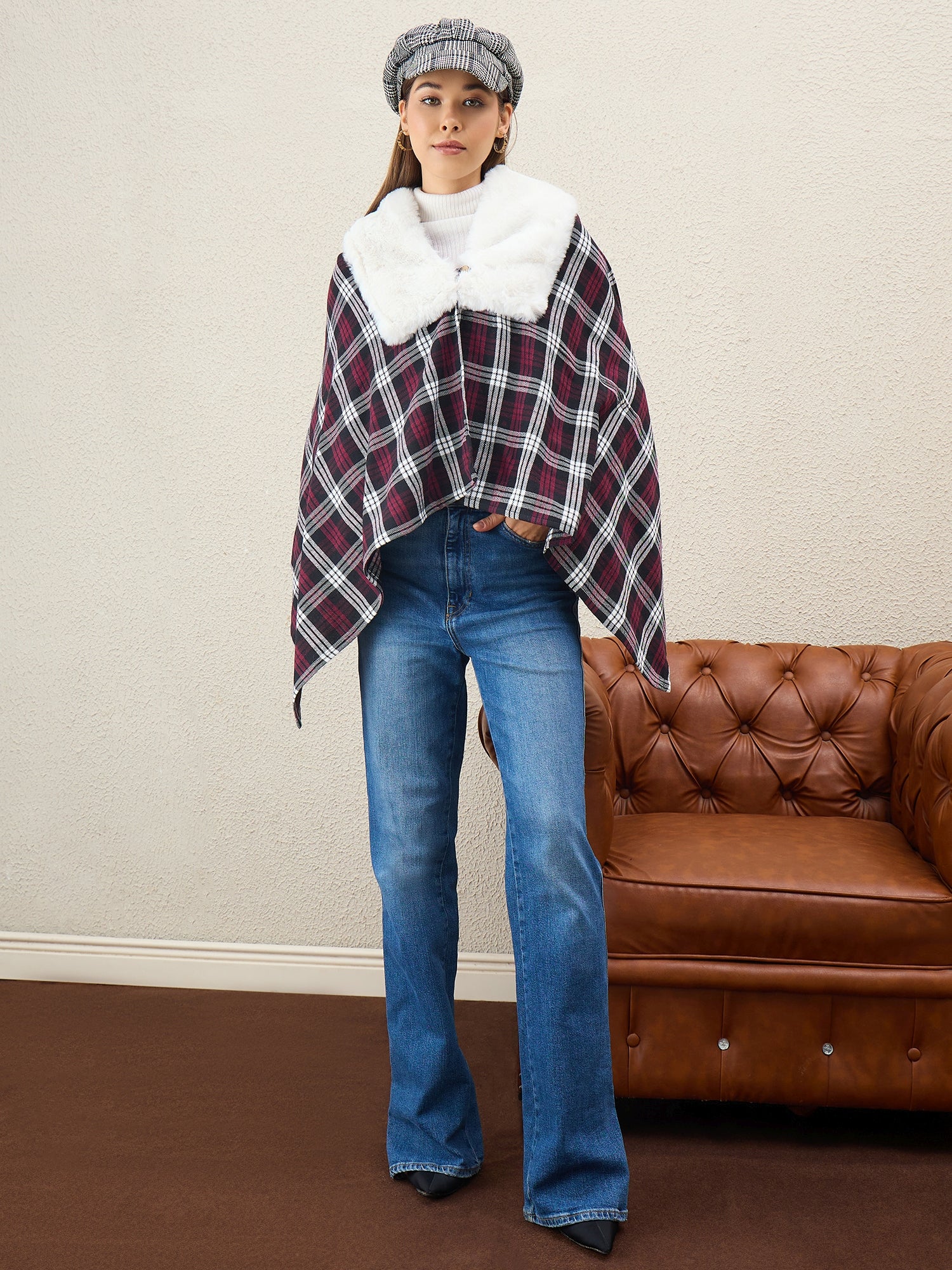 Wine White Plaids White Fur Poncho
