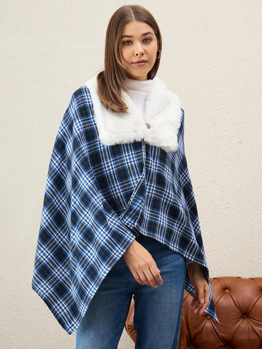 Black Blue Plaids White Fur Poncho