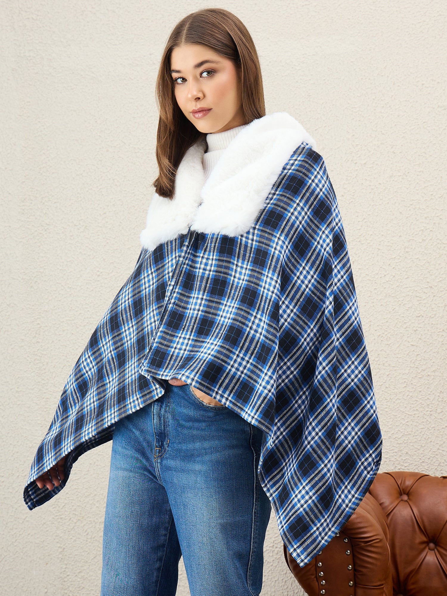 Black Blue Plaids White Fur Poncho