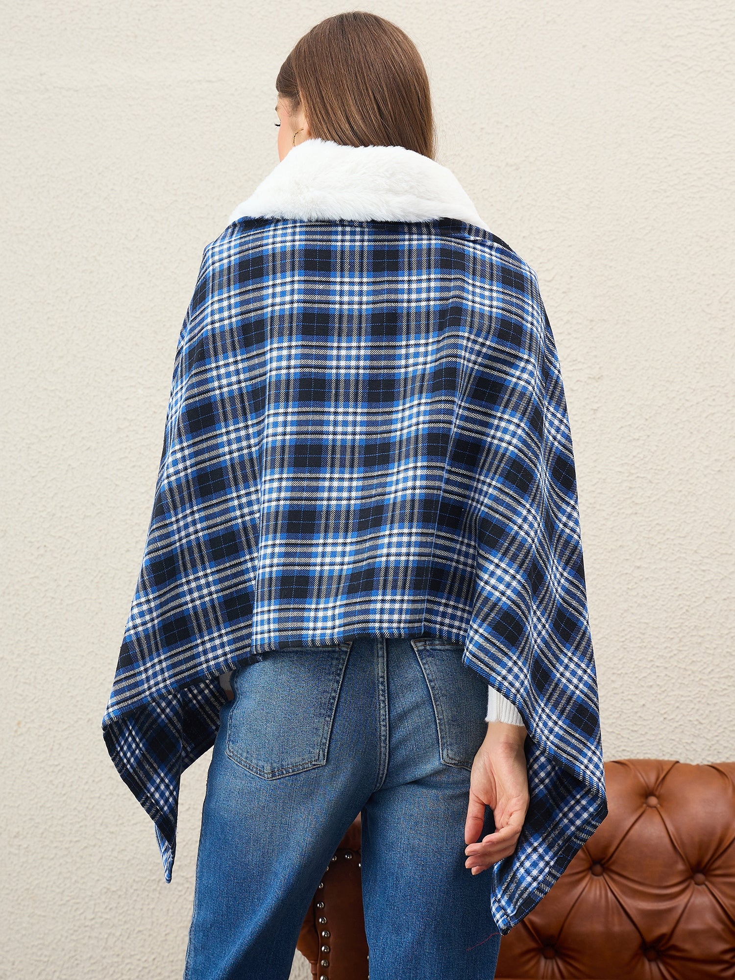 Black Blue Plaids White Fur Poncho