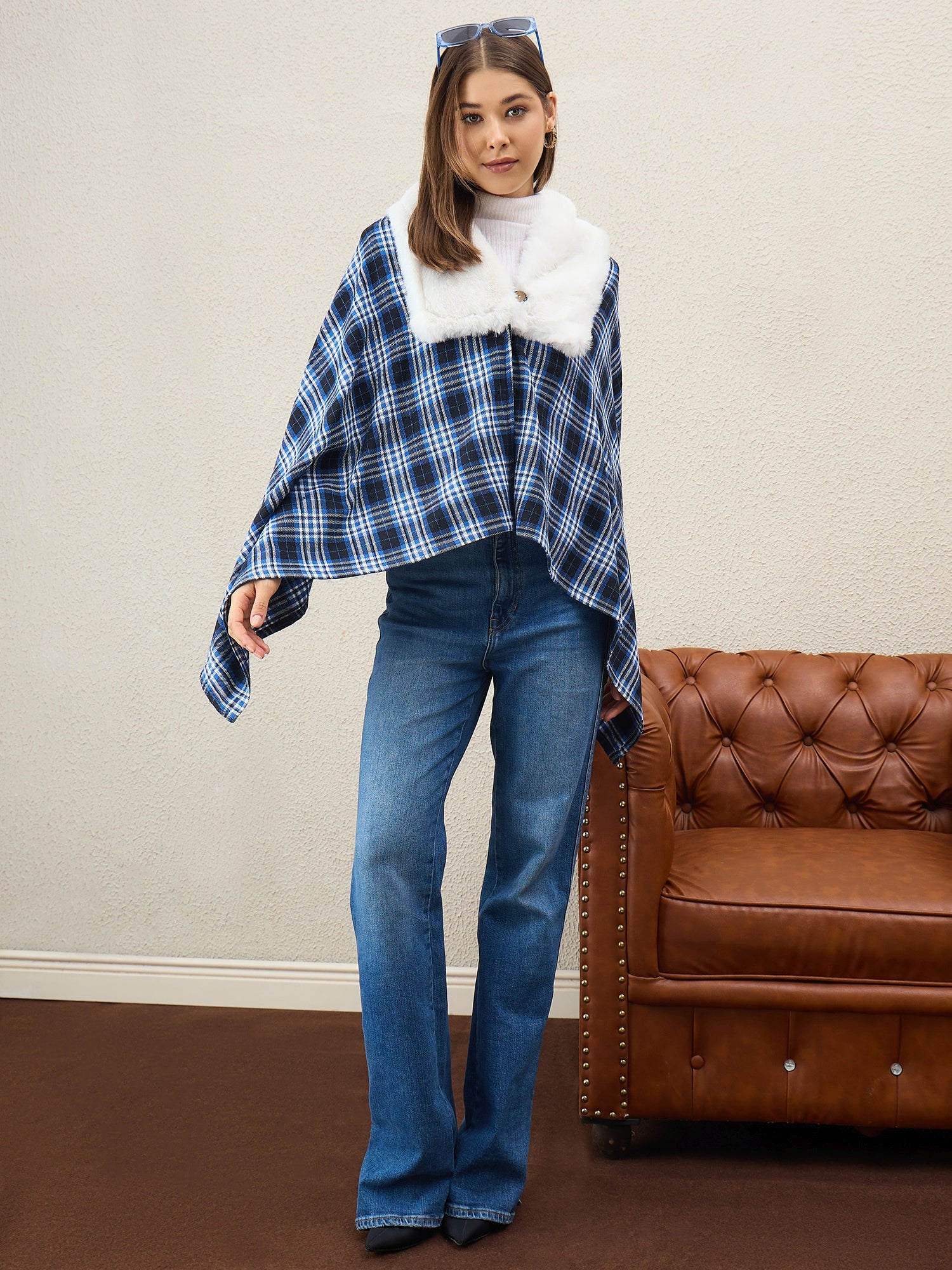 Black Blue Plaids White Fur Poncho