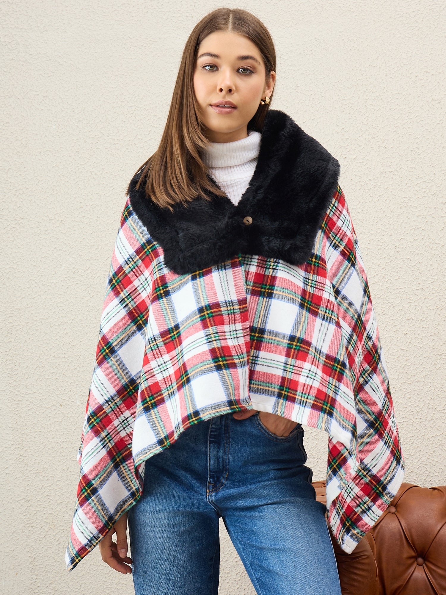 White Multi Plaids Black Fur Poncho