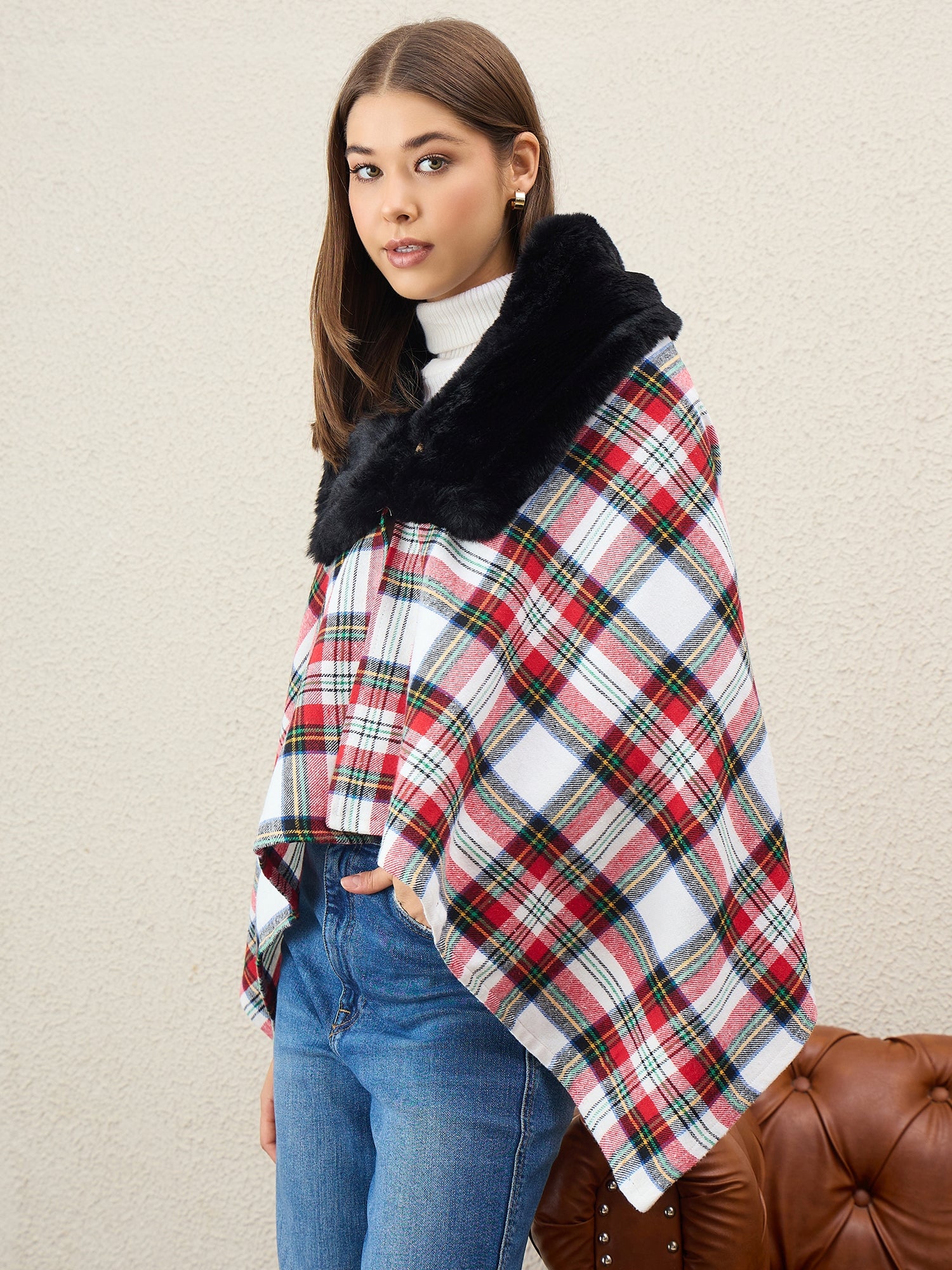 White Multi Plaids Black Fur Poncho