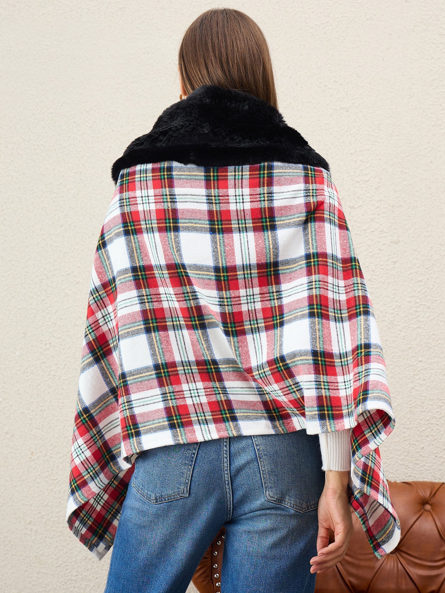 White Multi Plaids Black Fur Poncho