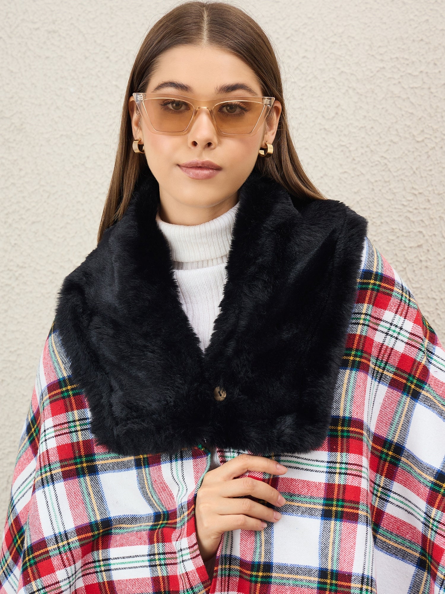 White Multi Plaids Black Fur Poncho