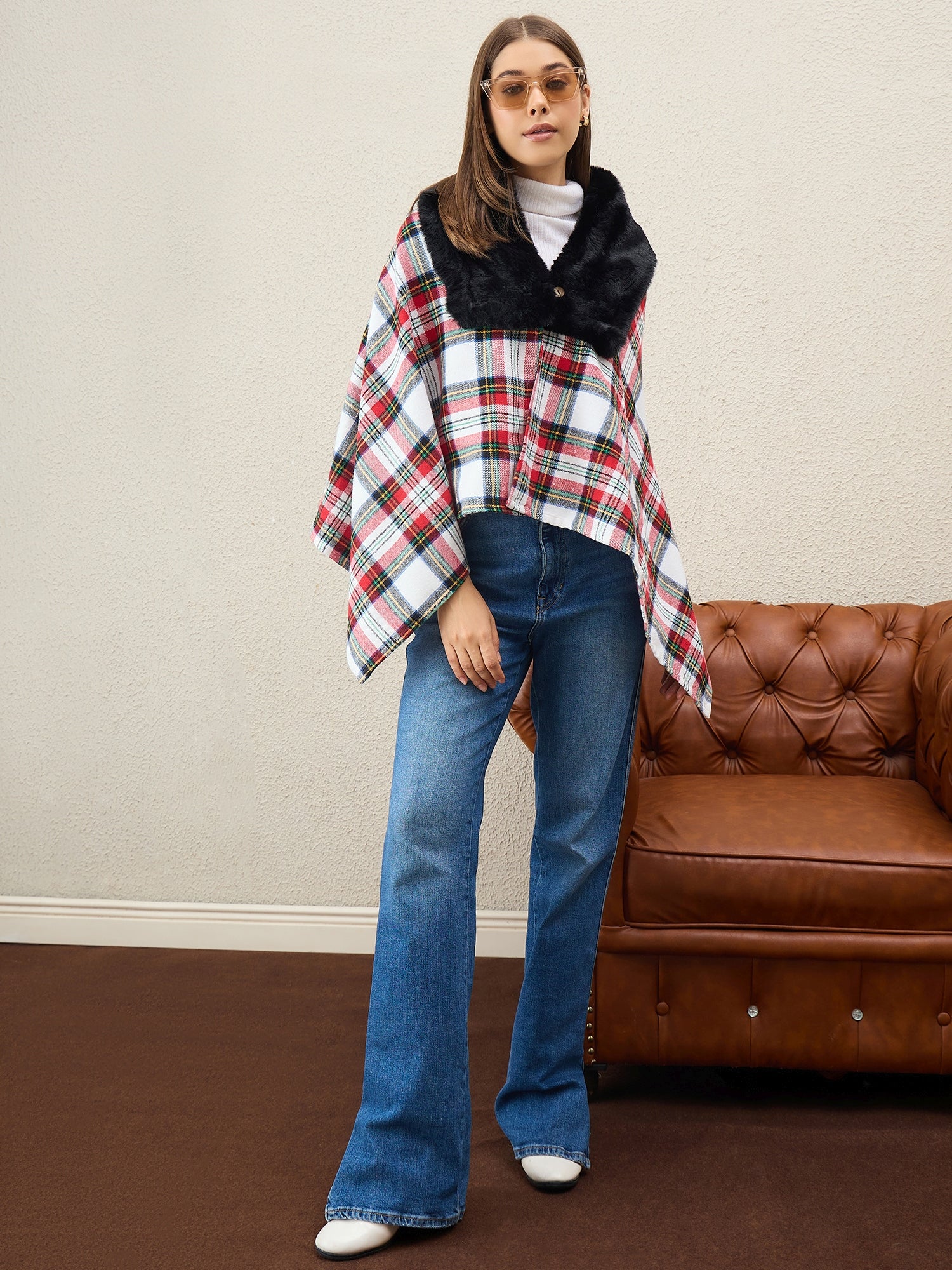 White Multi Plaids Black Fur Poncho