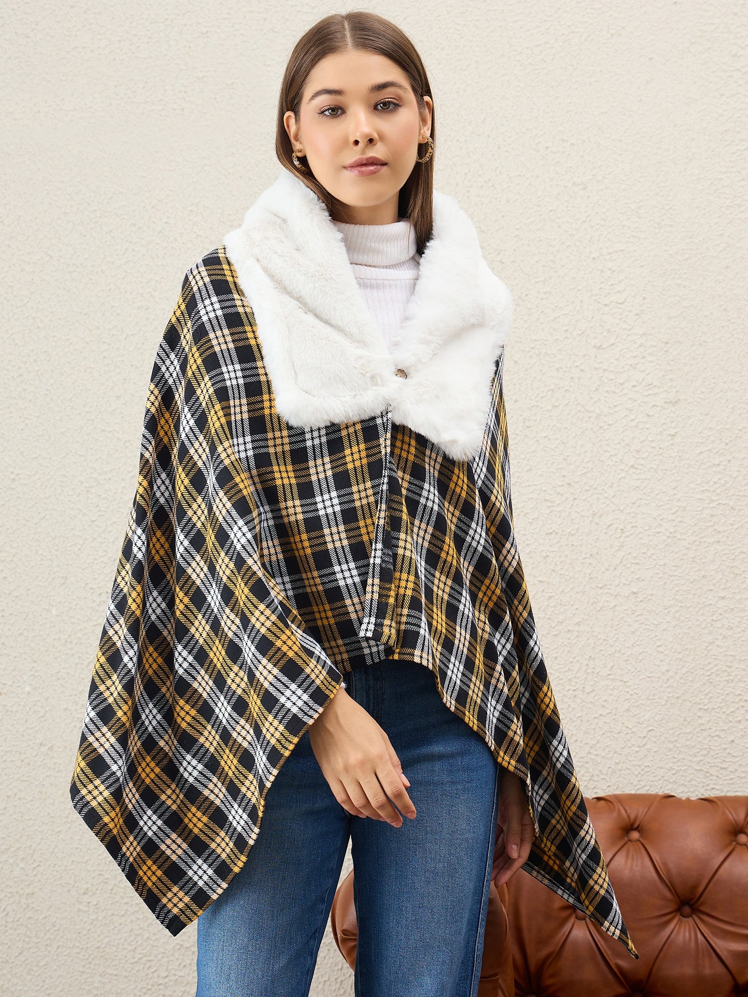 Yellow Black Plaids White Fur Poncho