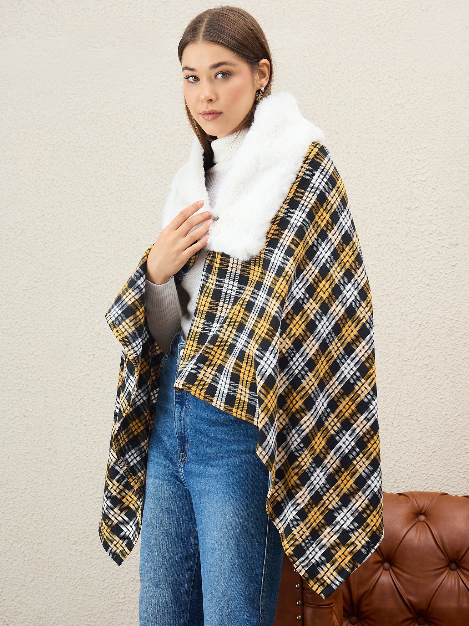 Yellow Black Plaids White Fur Poncho