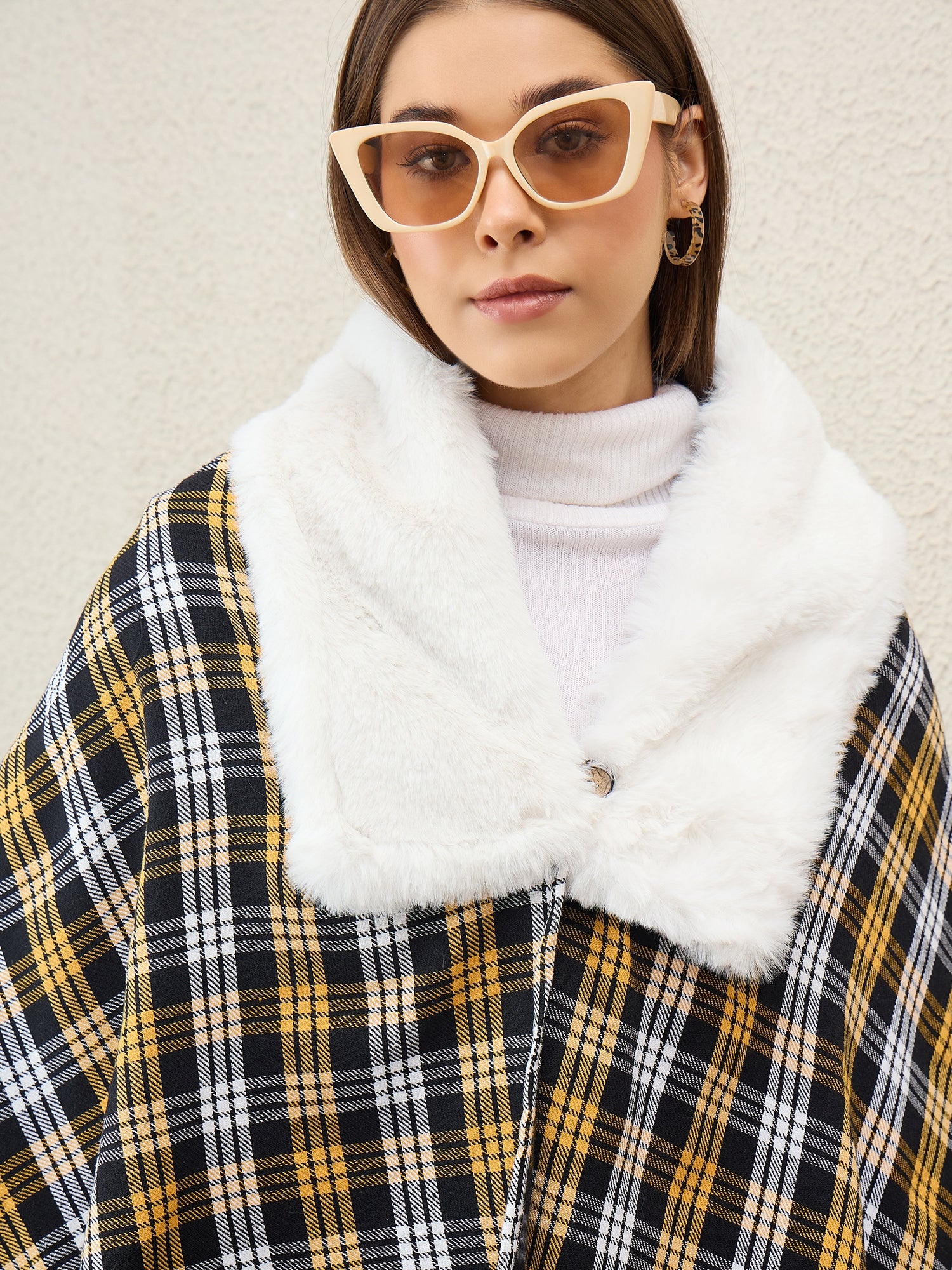 Yellow Black Plaids White Fur Poncho