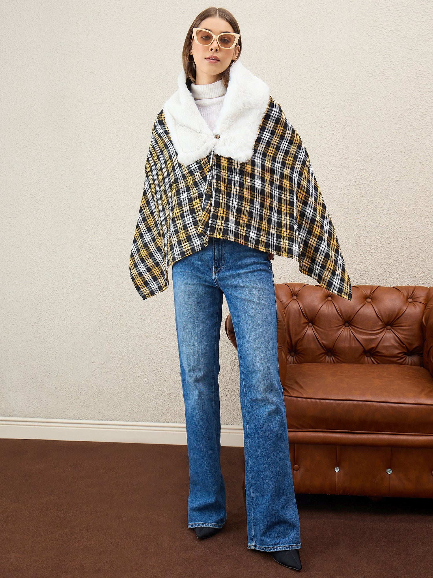 Yellow Black Plaids White Fur Poncho