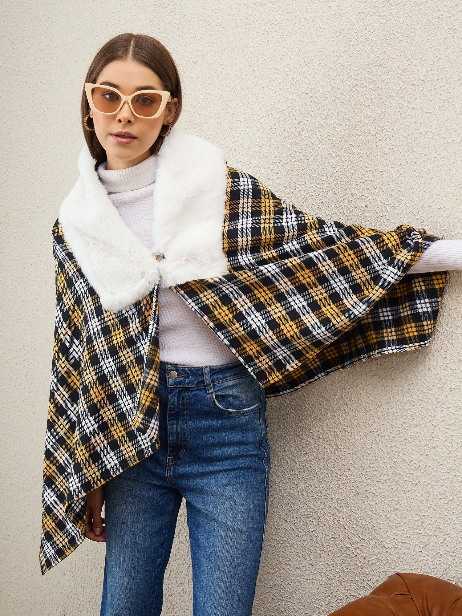 Yellow Black Plaids White Fur Poncho