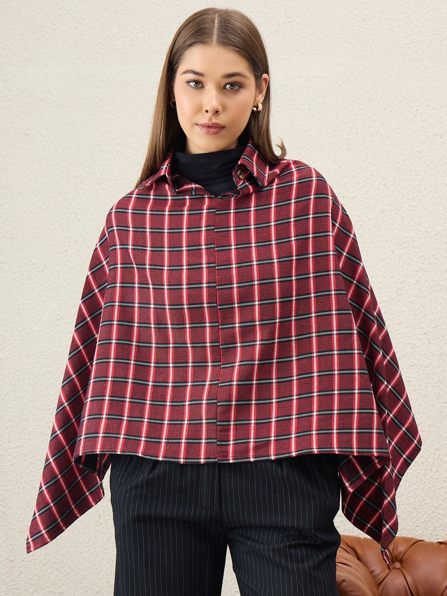 Maroon Black Big Check Collar Poncho