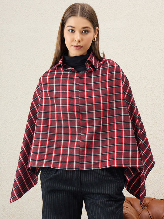 Maroon Black Big Check Collar Poncho
